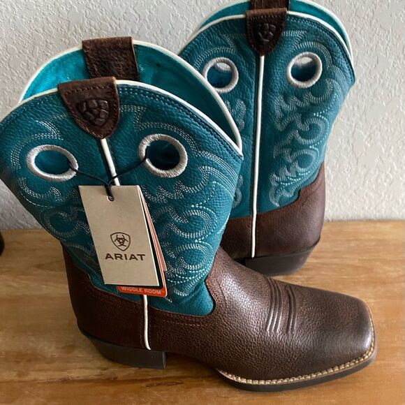 Kid's Boy Ariat Crossfire Square Toe Turqouise Brown Boots  Size 4 Western - Picture 2 of 14